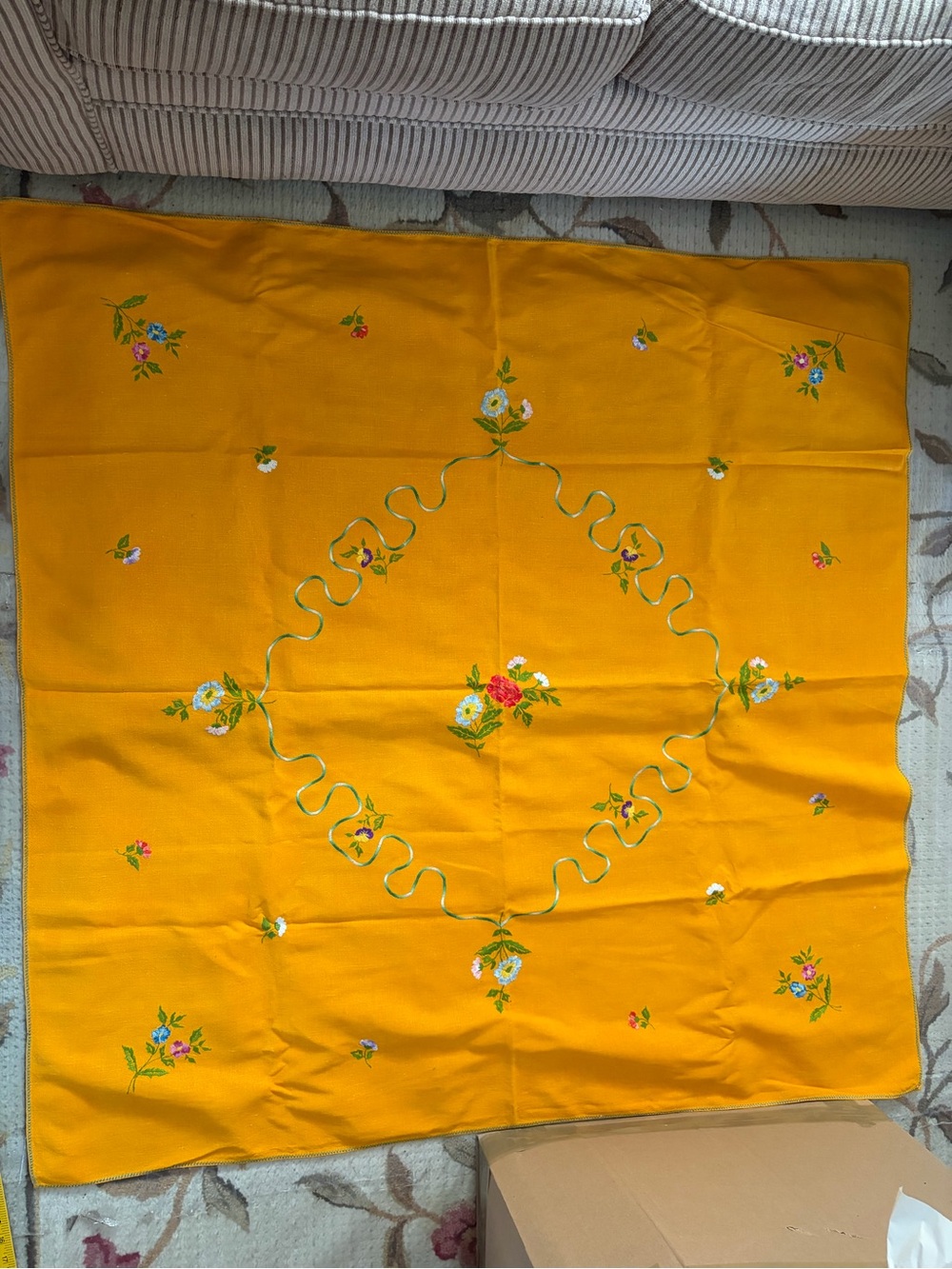 Vintage Embroidered Tablecloth in Bright Orangey- Yellow 50” X 50”with 7 napkins